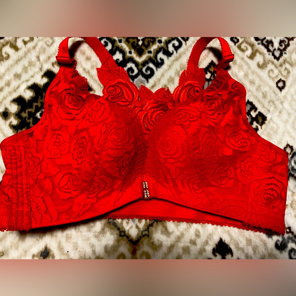 Two New designer bras, size 44. Colors- Red & Off-white. Beautiful rose design